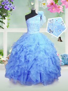 Admirable Baby Blue Kids Formal Wear Party and Wedding Party and For with Beading and Ruffles One Shoulder Sleeveless La