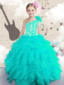One Shoulder Floor Length Lace Up Winning Pageant Gowns Aqua Blue for Party and Wedding Party with Embroidery and Ruffle
