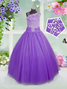 Tulle Asymmetric Sleeveless Side Zipper Beading Pageant Gowns in Lavender