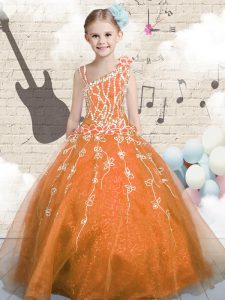 Sweet Floor Length Ball Gowns Sleeveless Orange Girls Pageant Dresses Lace Up