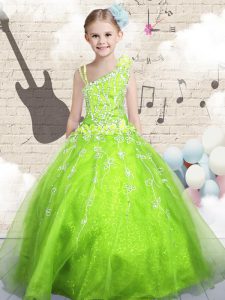 Elegant Ball Gowns Pageant Dress for Girls Apple Green Asymmetric Organza Sleeveless Floor Length Lace Up