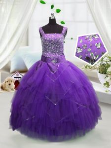 Lavender Tulle Lace Up Straps Sleeveless Floor Length Pageant Dress for Teens Beading and Ruffles