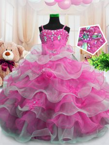 Beautiful Sleeveless Floor Length Beading and Ruffled Layers Zipper Little Girl Pageant Gowns with Hot Pink