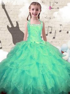 On Sale Turquoise Pageant Dress for Womens Party and Wedding Party and For with Beading and Ruffles Halter Top Sleeveles