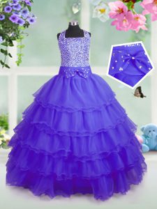 Purple Ball Gowns Organza Square Sleeveless Beading and Ruffled Layers Floor Length Zipper Little Girl Pageant Dress