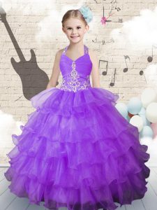Custom Design Lavender Ball Gowns Organza Halter Top Sleeveless Beading and Ruffled Layers Floor Length Lace Up Little G