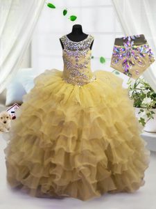 Light Yellow Ball Gowns Scoop Sleeveless Organza Floor Length Lace Up Beading and Ruffled Layers Kids Pageant Dress
