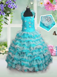 Glorious Sleeveless Lace Up Floor Length Beading and Appliques and Ruffled Layers Little Girls Pageant Dress