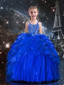 Floor Length Royal Blue Little Girls Pageant Dress Organza Sleeveless Beading and Ruffles