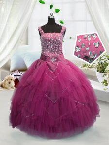 Modern Rose Pink Sleeveless Floor Length Beading and Ruffles Lace Up High School Pageant Dress