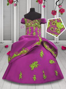 Hot Pink Ball Gowns Satin Off The Shoulder Sleeveless Beading and Appliques Floor Length Lace Up Little Girls Pageant Go