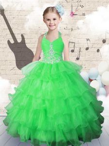 Best Green Pageant Gowns For Girls Party and Wedding Party and For with Beading and Ruffled Layers Halter Top Sleeveless