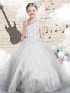 Custom Made Floor Length Silver Little Girls Pageant Dress Wholesale Asymmetric Sleeveless Lace Up
