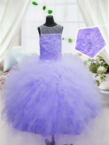 Scoop Purple Sleeveless Floor Length Beading and Ruffles Zipper Pageant Dress Wholesale