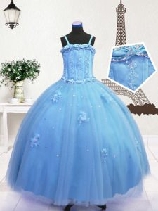 Custom Design Floor Length Baby Blue Kids Pageant Dress Tulle Sleeveless Beading and Appliques