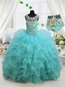 Scoop Aqua Blue Organza Lace Up Little Girl Pageant Gowns Sleeveless Floor Length Beading and Ruffled Layers