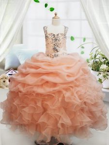 Affordable Sleeveless Zipper Floor Length Beading and Ruffles and Pick Ups Pageant Gowns For Girls