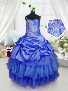 Custom Fit Royal Blue Sleeveless Beading and Ruffled Layers and Pick Ups Floor Length Kids Pageant Dress