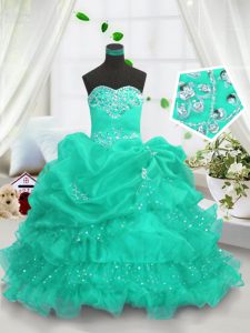 Custom Fit Sleeveless Floor Length Beading and Ruffled Layers and Pick Ups Lace Up Girls Pageant Dresses with Turquoise