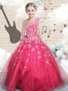 Red Tulle Lace Up Asymmetric Sleeveless Floor Length Little Girl Pageant Gowns Appliques