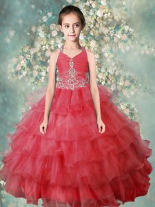 Watermelon Red Organza Zipper Halter Top Sleeveless Floor Length Pageant Dress for Womens Beading and Ruffled Layers