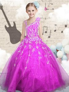Glorious Fuchsia Sleeveless Floor Length Beading and Appliques and Hand Made Flower Lace Up Little Girls Pageant Dress