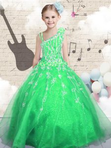 Green Organza Lace Up Child Pageant Dress Sleeveless Floor Length Beading and Appliques and Hand Made Flower
