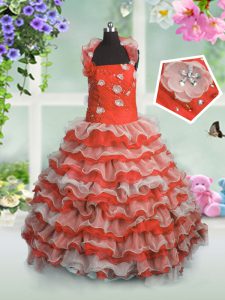 Exquisite Ruffled Floor Length Coral Red Girls Pageant Dresses Straps Sleeveless Lace Up