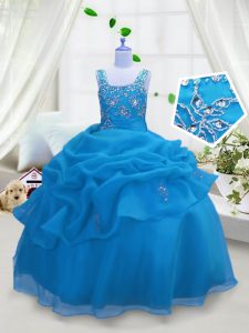 Pick Ups Ball Gowns Little Girls Pageant Dress Aqua Blue Straps Organza Sleeveless Floor Length Lace Up