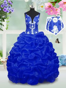 Royal Blue Ball Gowns Taffeta V-neck Sleeveless Beading and Pick Ups Floor Length Lace Up Kids Pageant Dress