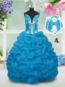 Trendy Baby Blue V-neck Lace Up Beading and Pick Ups Little Girls Pageant Dress Sleeveless