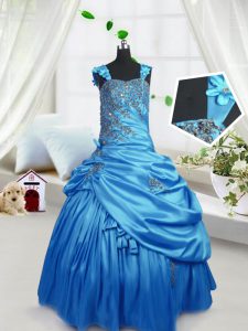 High Class Floor Length Zipper Pageant Dress for Teens Aqua Blue for Party and Wedding Party with Beading and Pick Ups