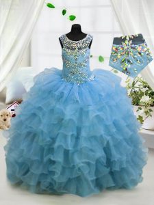 Scoop Floor Length Lace Up Kids Formal Wear Baby Blue for Party and Wedding Party with Beading and Ruffled Layers
