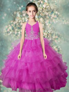 Halter Top Sleeveless Organza Floor Length Zipper Pageant Gowns For Girls in Fuchsia with Beading and Ruffled Layers