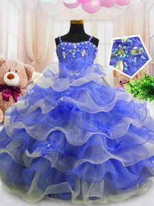 Customized Spaghetti Straps Sleeveless High School Pageant Dress Floor Length Beading and Ruffled Layers Blue Organza