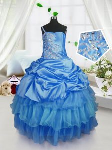 Floor Length Baby Blue Pageant Dress for Girls Organza Sleeveless Beading and Ruffled Layers and Pick Ups