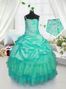 Classical Turquoise Organza Lace Up Kids Pageant Dress Sleeveless Floor Length Beading and Ruffled Layers and Pick Ups