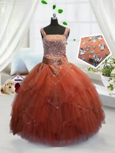 Orange Red Tulle Lace Up Little Girls Pageant Dress Wholesale Sleeveless Floor Length Beading and Ruffles