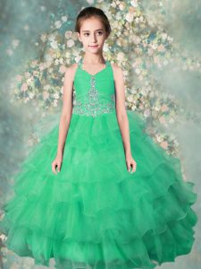 Halter Top Teal Sleeveless Organza Zipper Pageant Dress for Teens for Party and Wedding Party