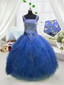 High End Royal Blue Sleeveless Floor Length Beading and Ruffles Lace Up Kids Pageant Dress