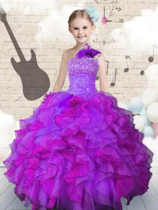 One Shoulder Purple Lace Up Pageant Dress for Teens Beading and Ruffles Sleeveless Floor Length