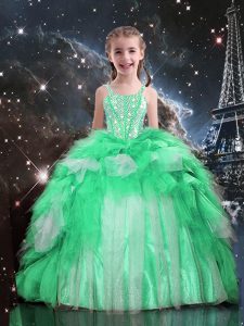 Floor Length Lace Up Child Pageant Dress Apple Green for Party and Wedding Party with Beading and Ruffles