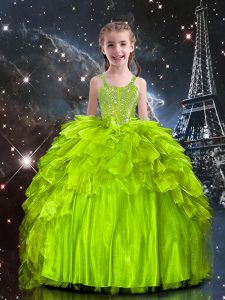Fantastic Yellow Green Sleeveless Floor Length Beading and Ruffles Lace Up High School Pageant Dress