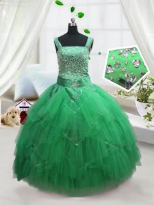 Turquoise Sleeveless Floor Length Beading and Ruffles Lace Up Kids Pageant Dress