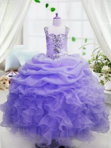 Adorable Lavender Square Neckline Beading and Ruffles and Pick Ups Kids Formal Wear Sleeveless Zipper