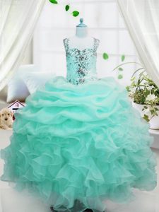 Stylish Floor Length Baby Blue Pageant Gowns For Girls Organza Sleeveless Beading and Ruffles and Pick Ups