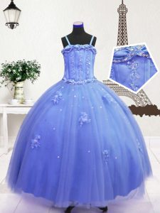 Sleeveless Floor Length Beading and Hand Made Flower Zipper Pageant Dress for Teens with Blue