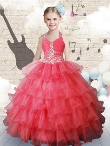Discount Halter Top Coral Red Lace Up Little Girls Pageant Gowns Ruffled Layers Sleeveless Floor Length