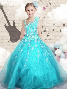 Aqua Blue Ball Gowns Asymmetric Sleeveless Tulle Floor Length Lace Up Appliques Pageant Gowns For Girls