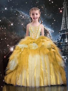Tulle Spaghetti Straps Sleeveless Lace Up Beading and Ruffled Layers Little Girls Pageant Gowns in Gold